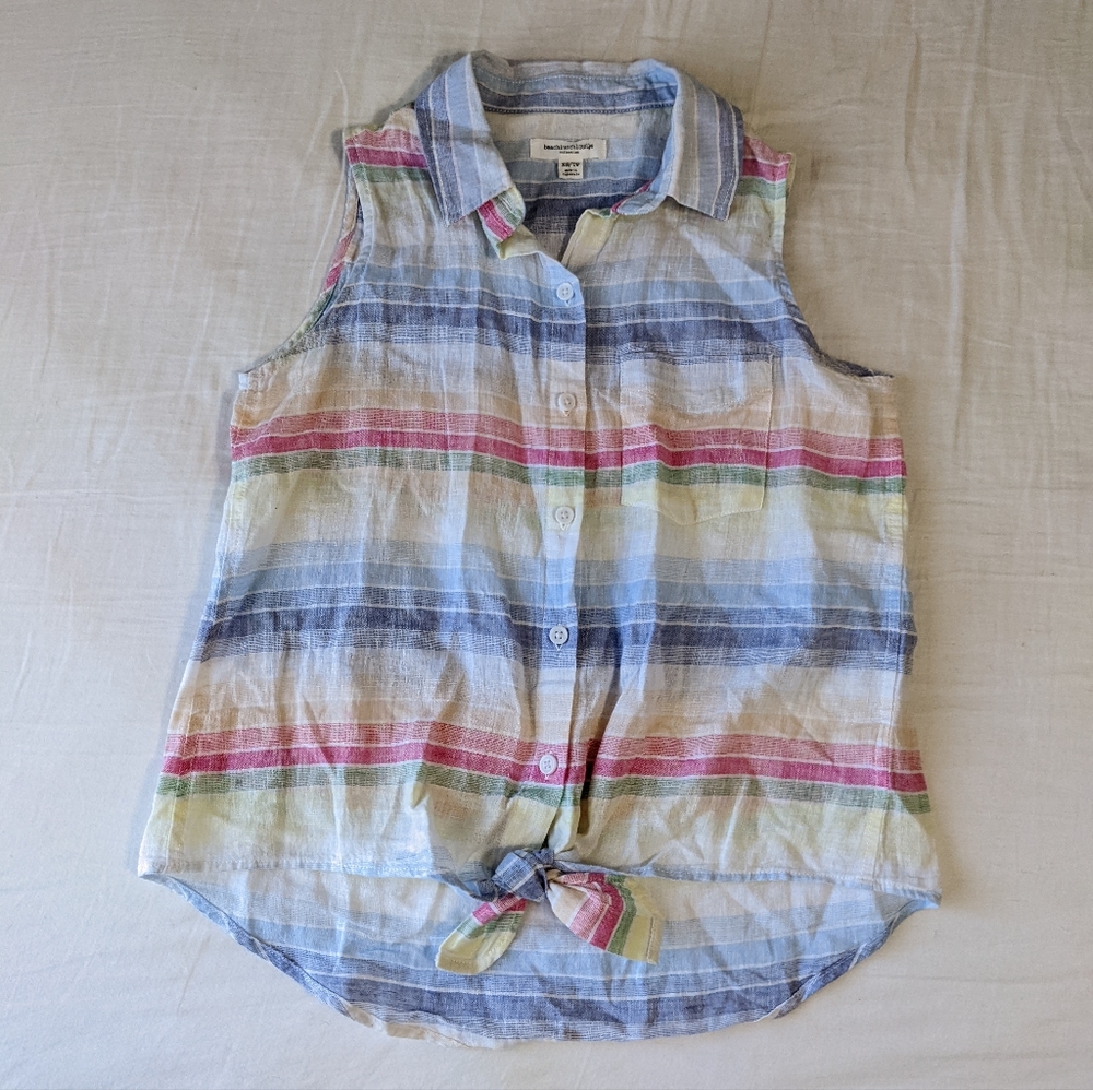 Beachlunchlounge Linen Blend Sleeveless Button Down Shirt Rainbow colors